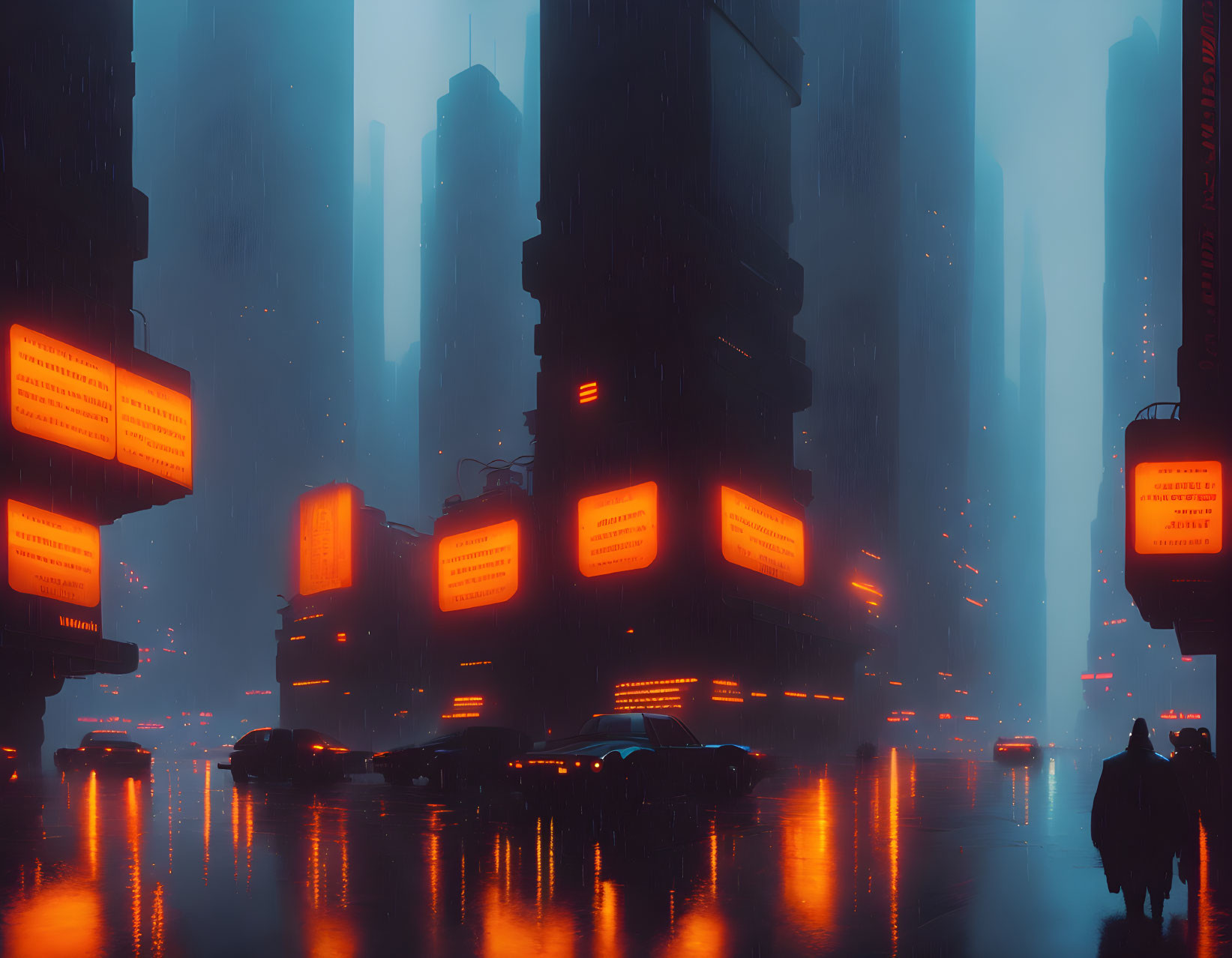 Futuristic neon-lit cityscape with towering buildings at dusk