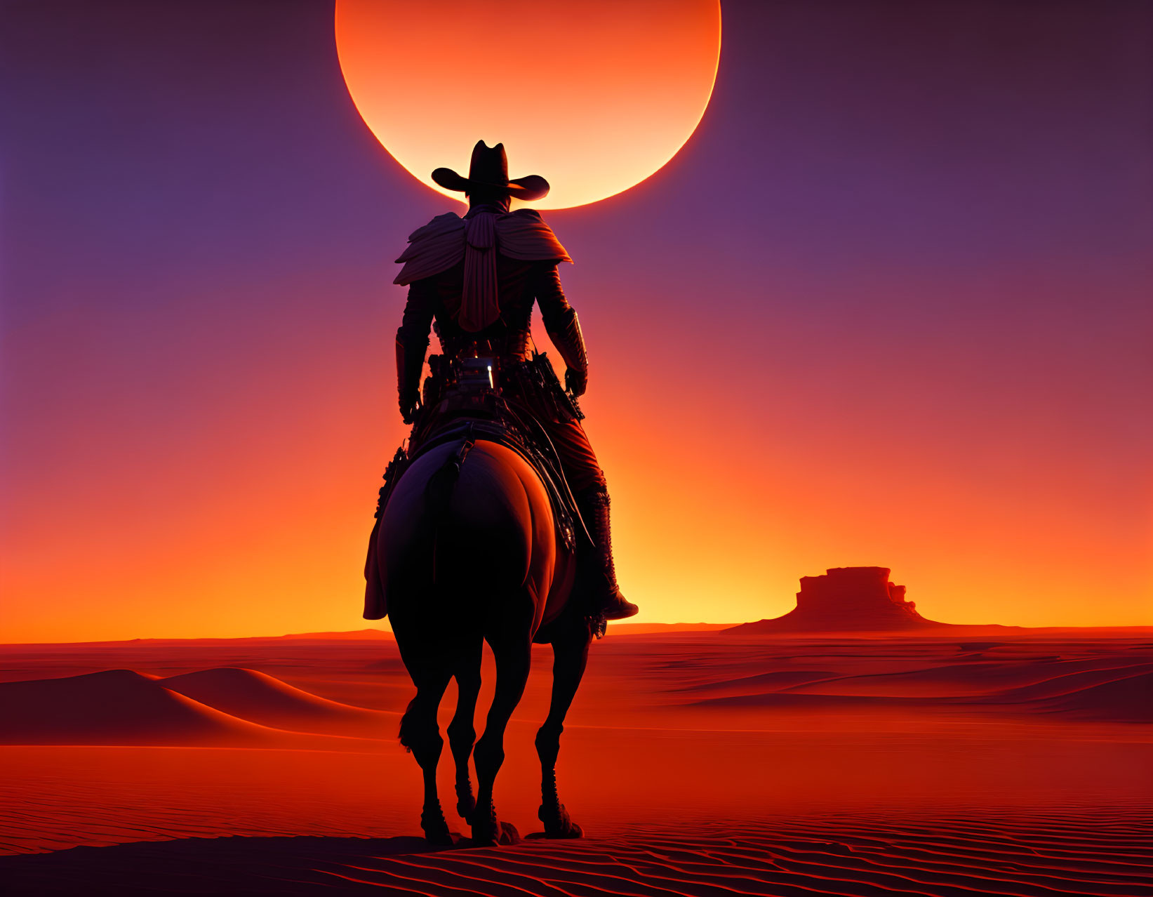 Silhouette of cowboy on horseback under red moon in desert twilight