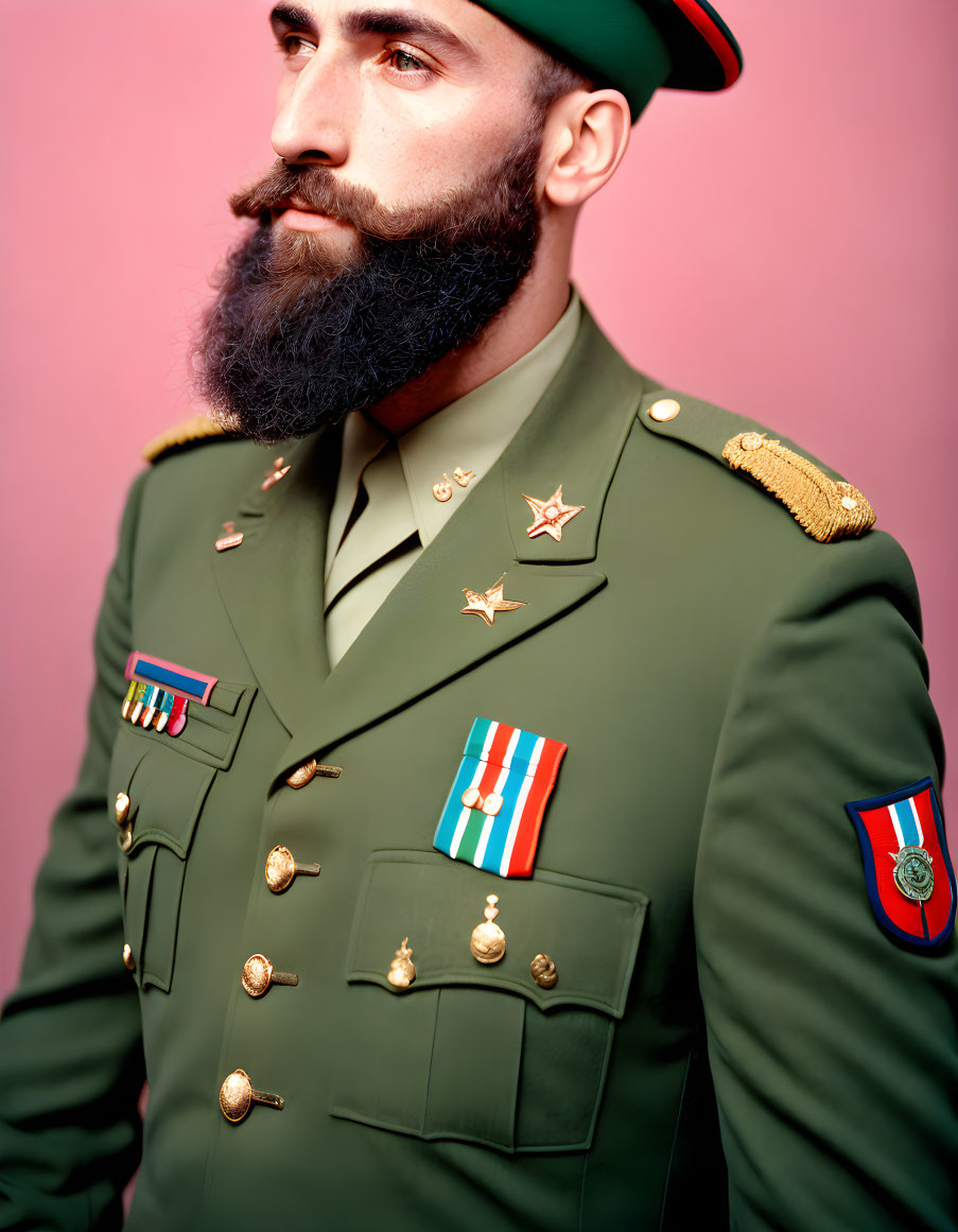 Military man with medals and beard on pink background.