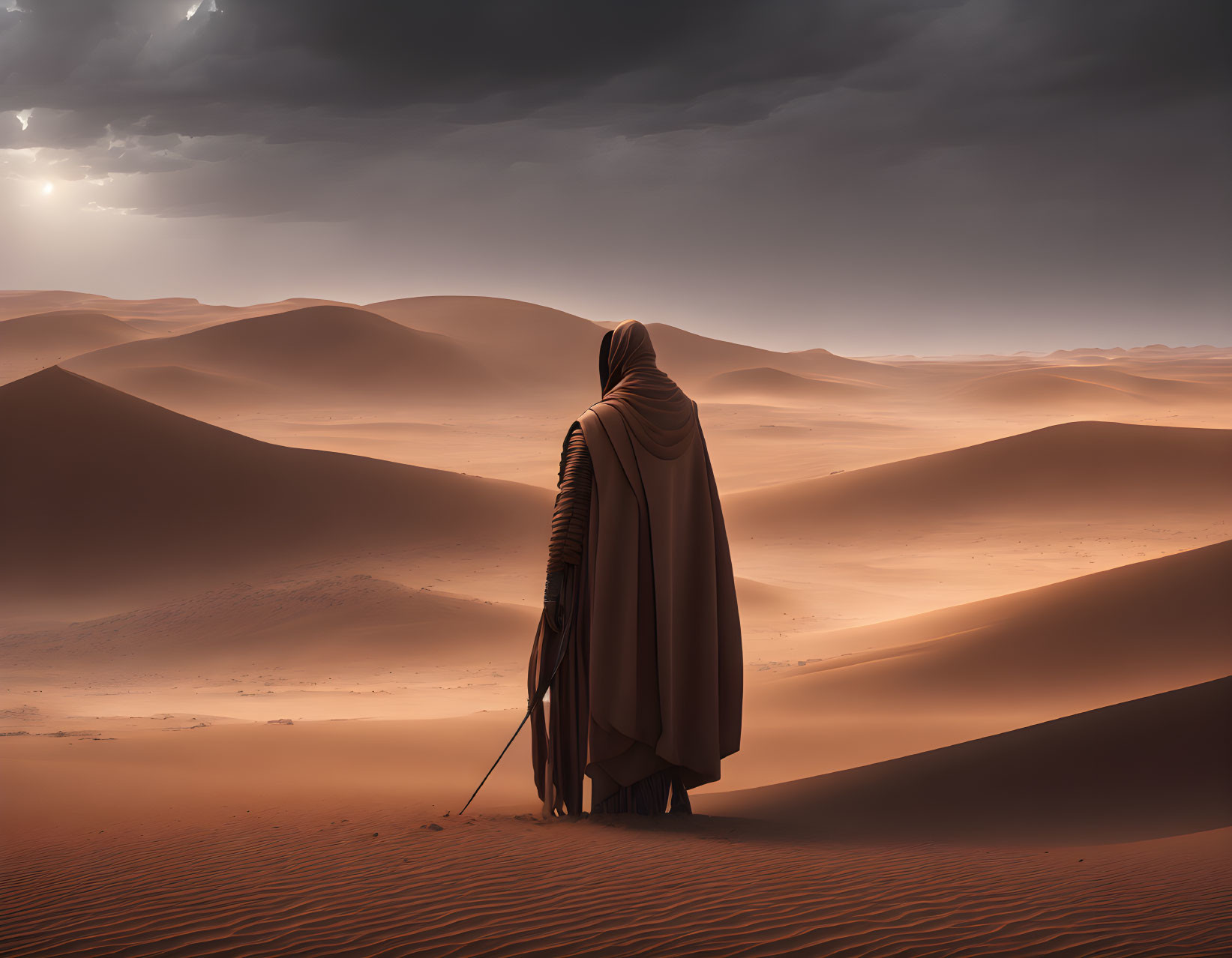 Mysterious figure in cloak among sand dunes under dramatic sky