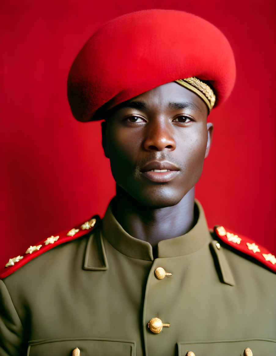 Portrait of Person in Red Beret & Olive Green Military Uniform on Red Background