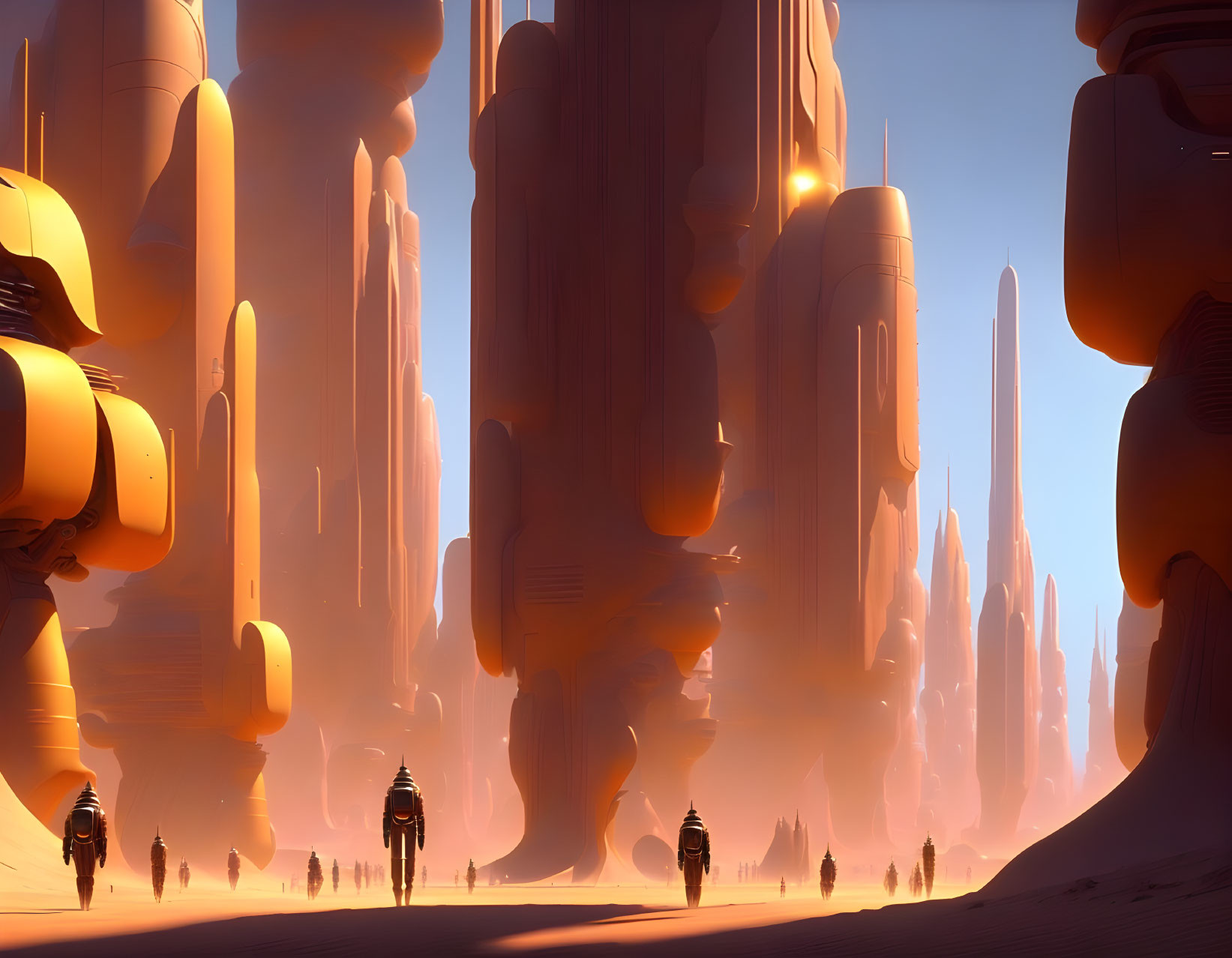 Futuristic desert landscape with towering rock formations and people walking towards a bright horizon