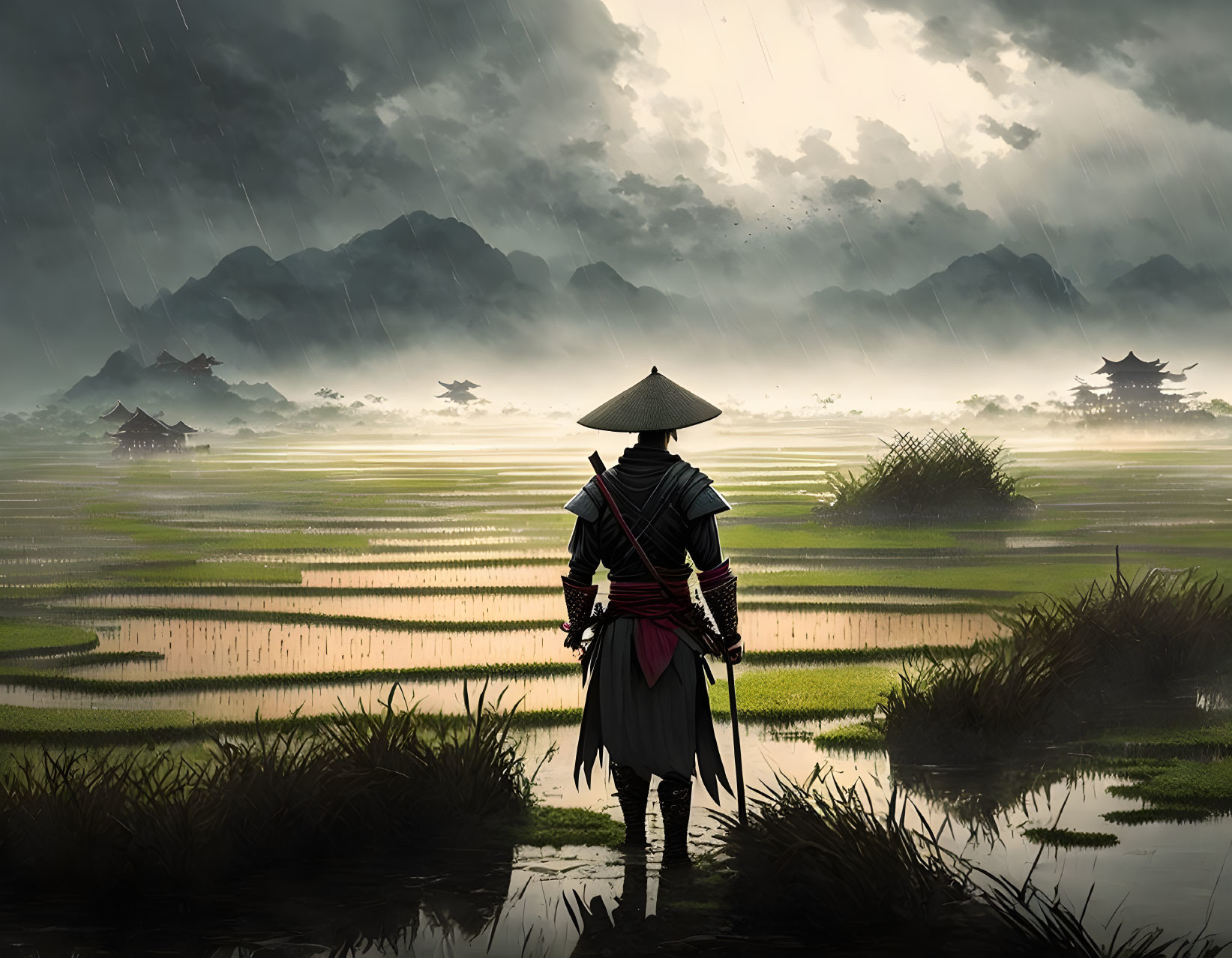 Traditional East Asian figure in rain-soaked rice field under stormy sky