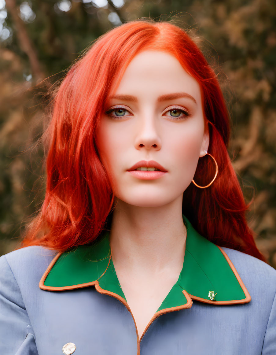 Portrait of Woman with Red Hair, Green Eyes, Gold Earrings, Blue Outfit