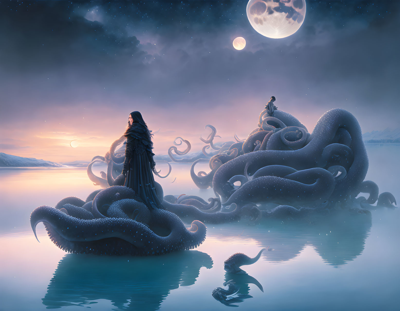 Person by serene lake at dusk with giant octopus tentacles under starry sky.