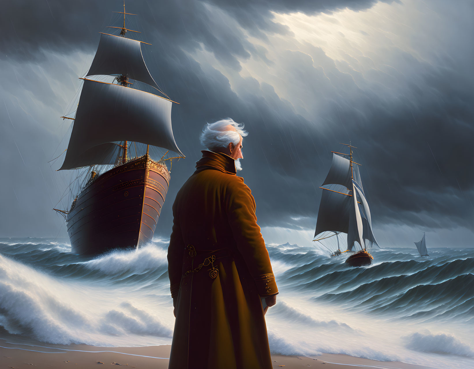 Man in yellow coat watches stormy sea with ships, dark clouds, and crashing waves