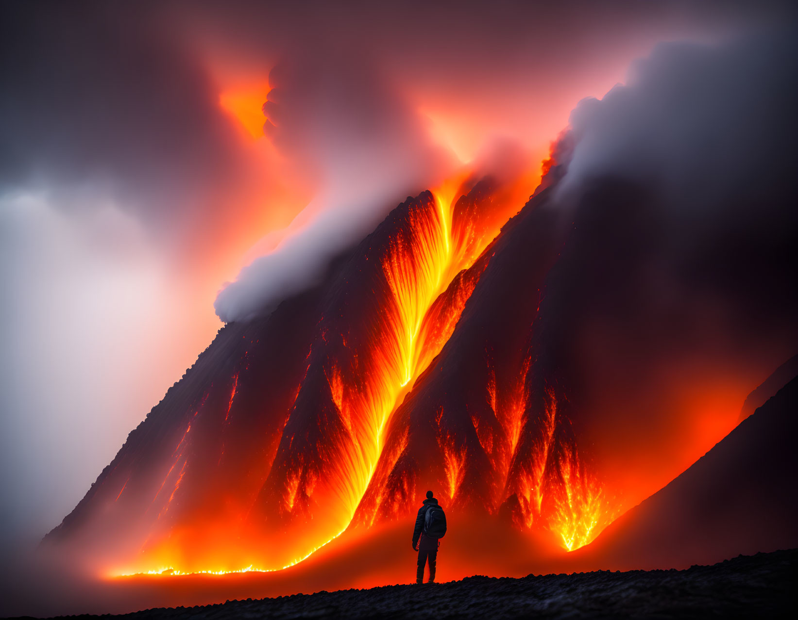 Dramatic volcanic eruption at night with orange lava flows