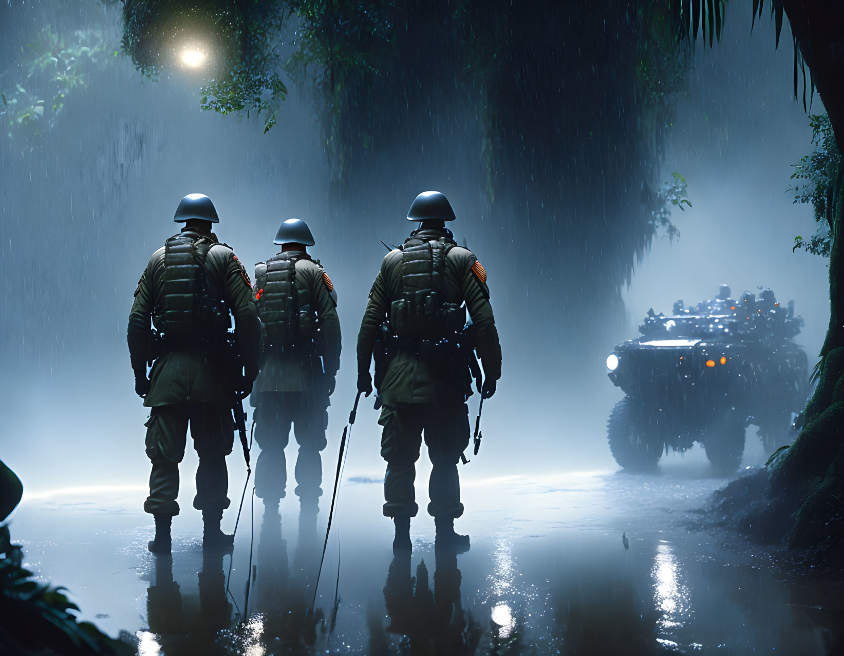 Soldiers with rifles in jungle rain near lit armored vehicle