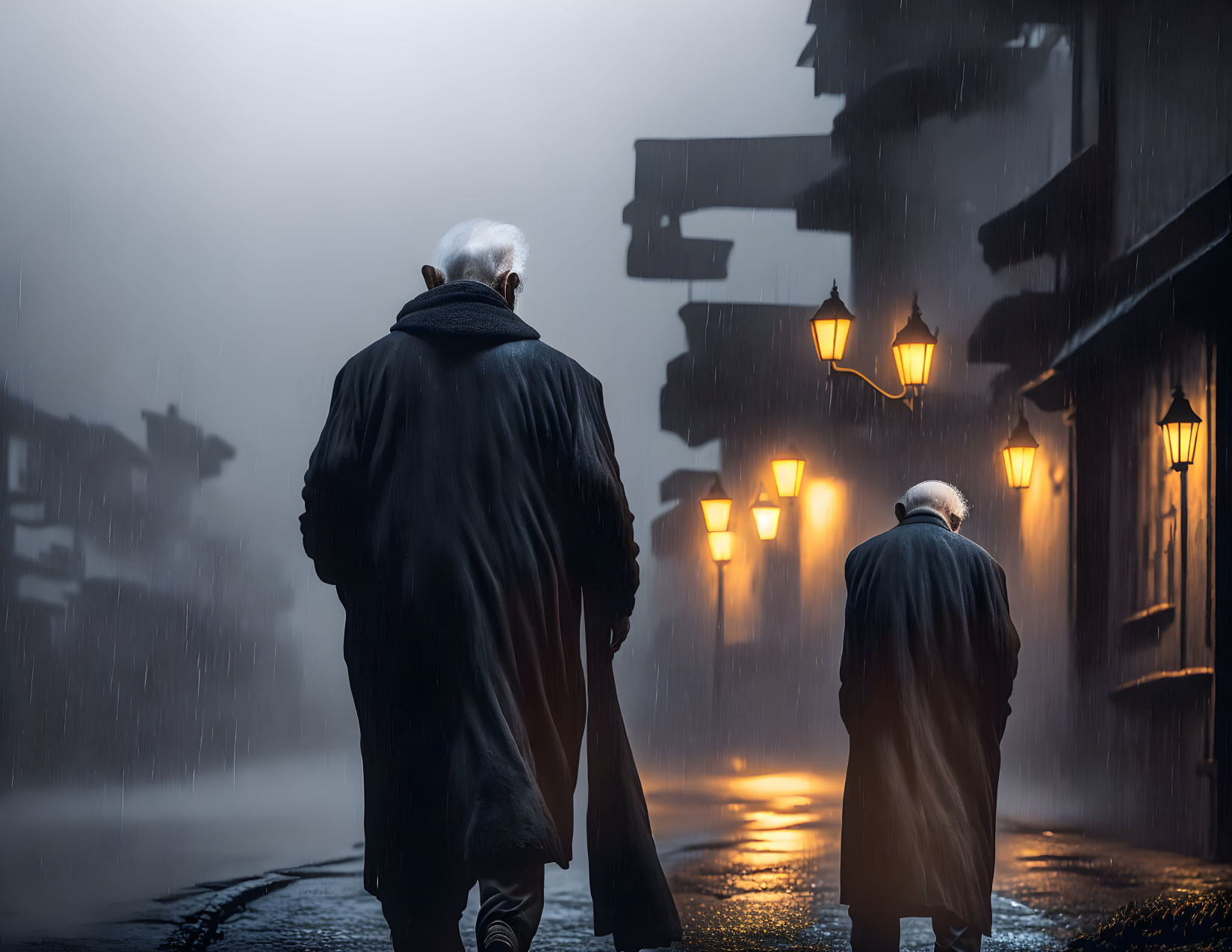 Elderly man walking on rain-soaked street with glowing lamps