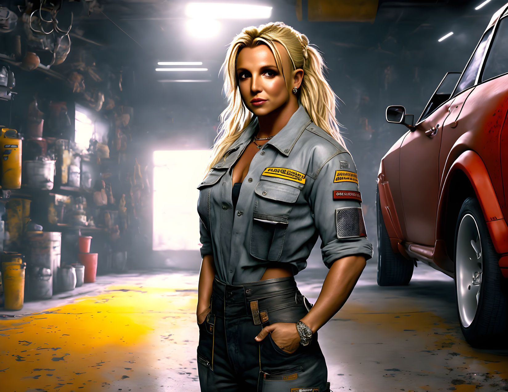 Blonde woman in mechanic uniform with red car in workshop