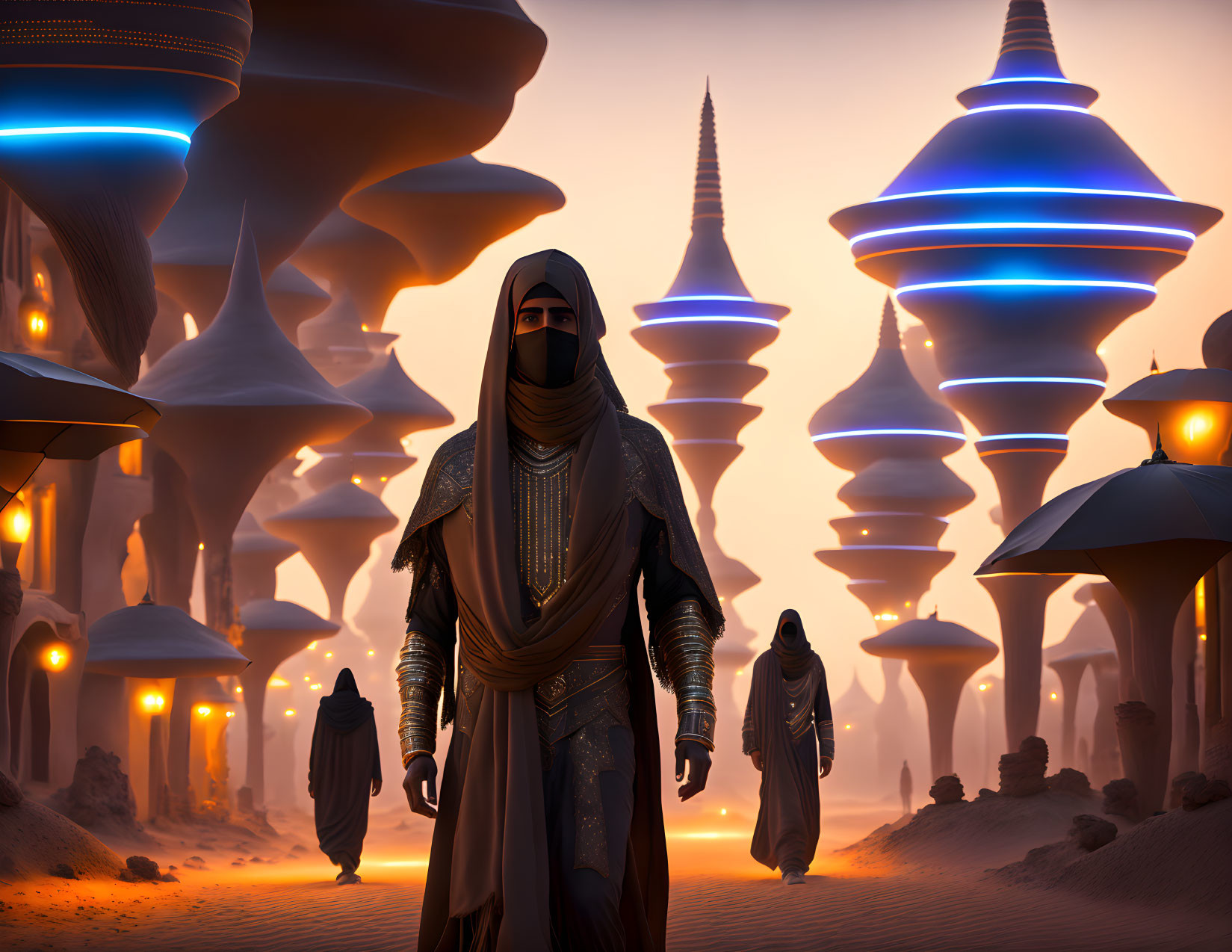 Cloaked figure in futuristic desert city at dusk with towering buildings.