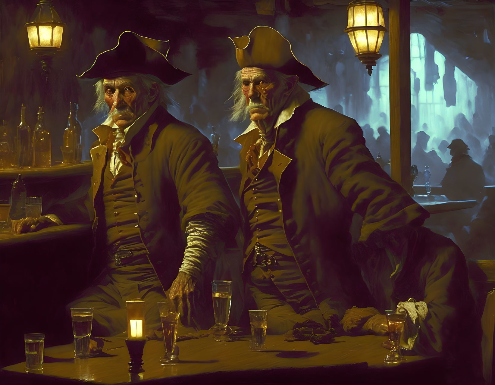 Men in tricorn hats at dimly lit bar with empty glasses