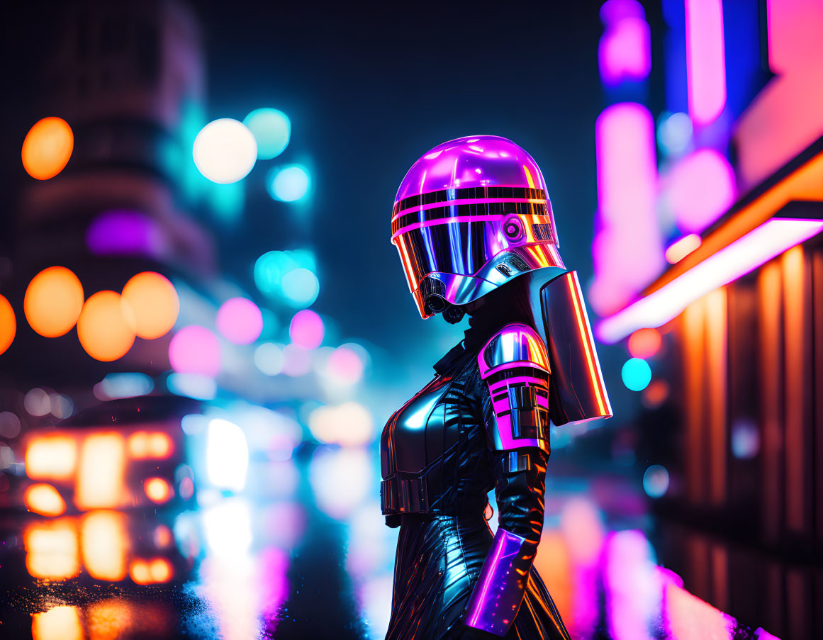 Futuristic figure in neon-lit city at night