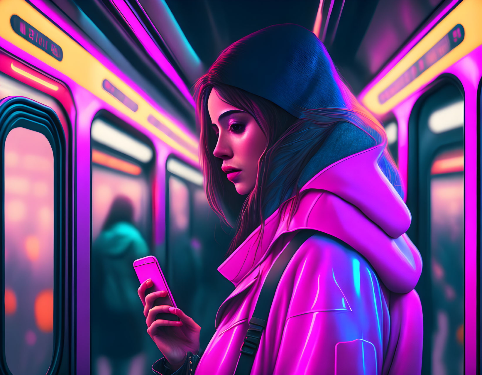 Woman in pink jacket on neon-lit train with phone