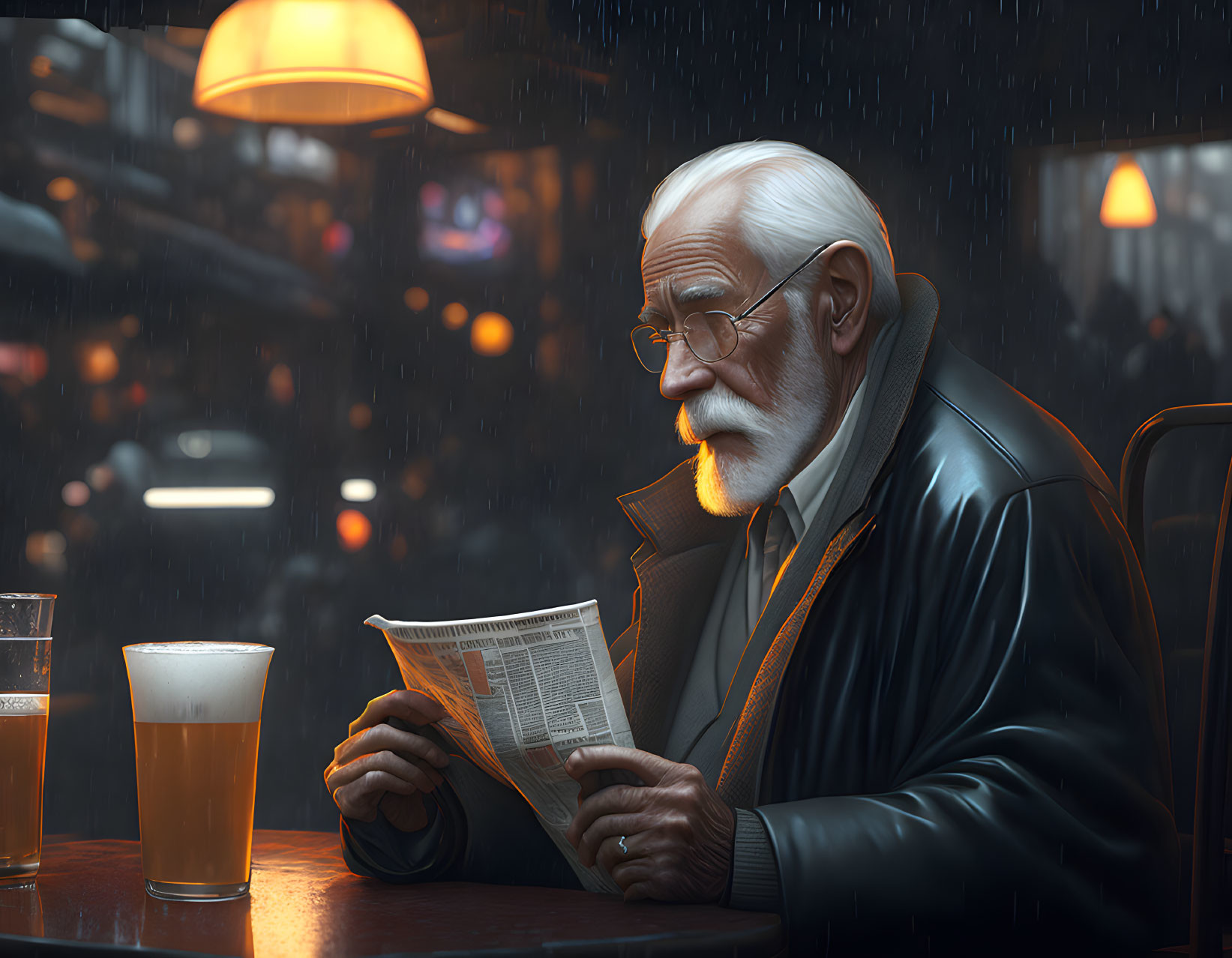 Elderly man with white beard reading newspaper in dimly lit bar