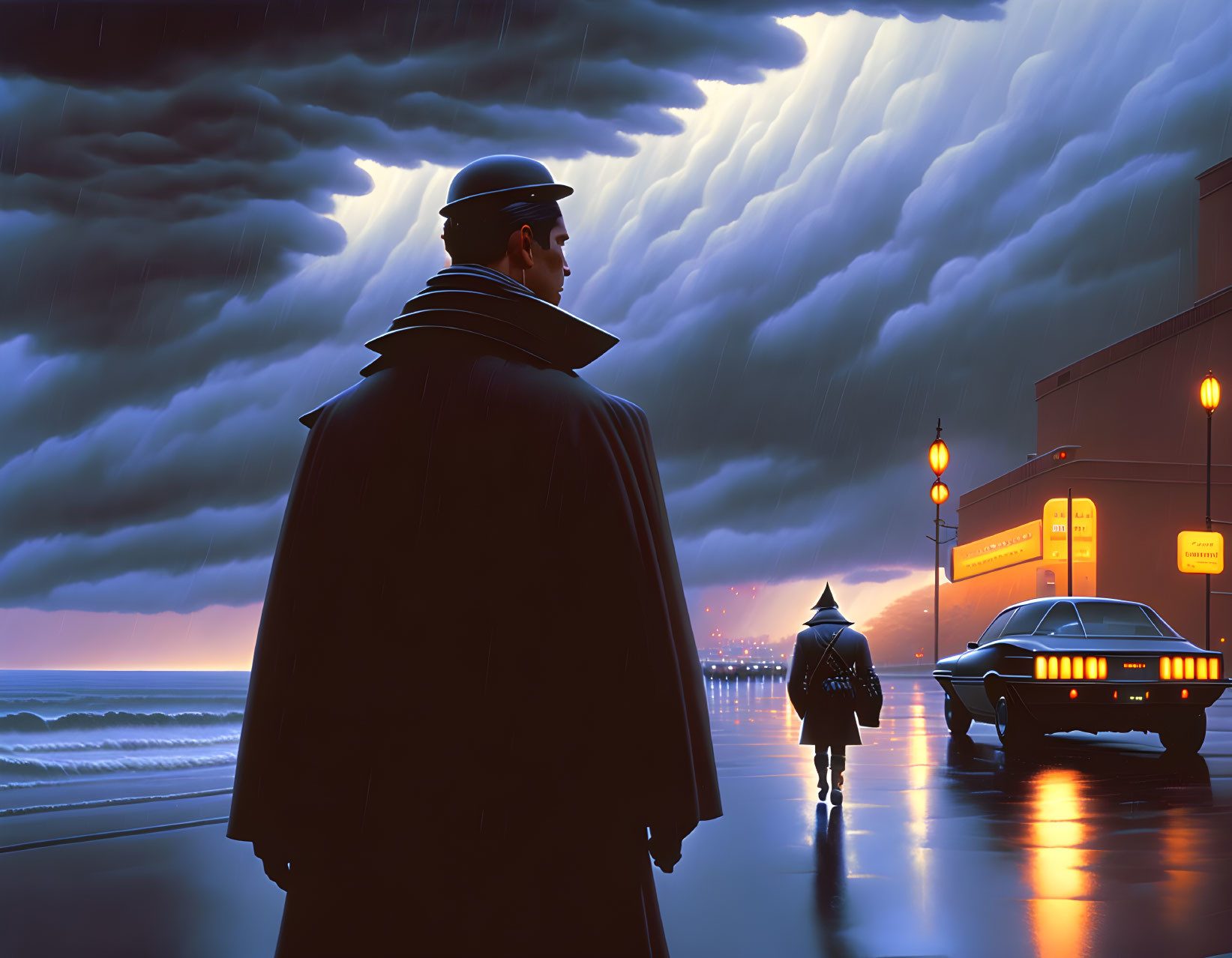 Man in trench coat and hat on rainy street at dusk gazes at distant figure by stormy ocean