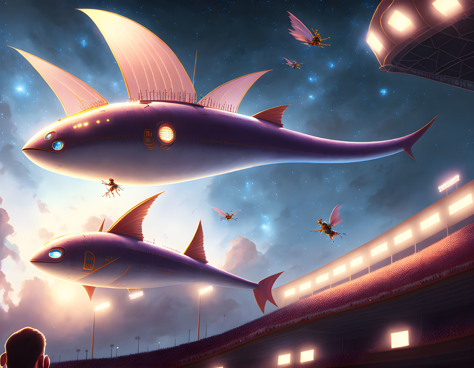 Child observing glowing fish-like airships in the sky at dusk