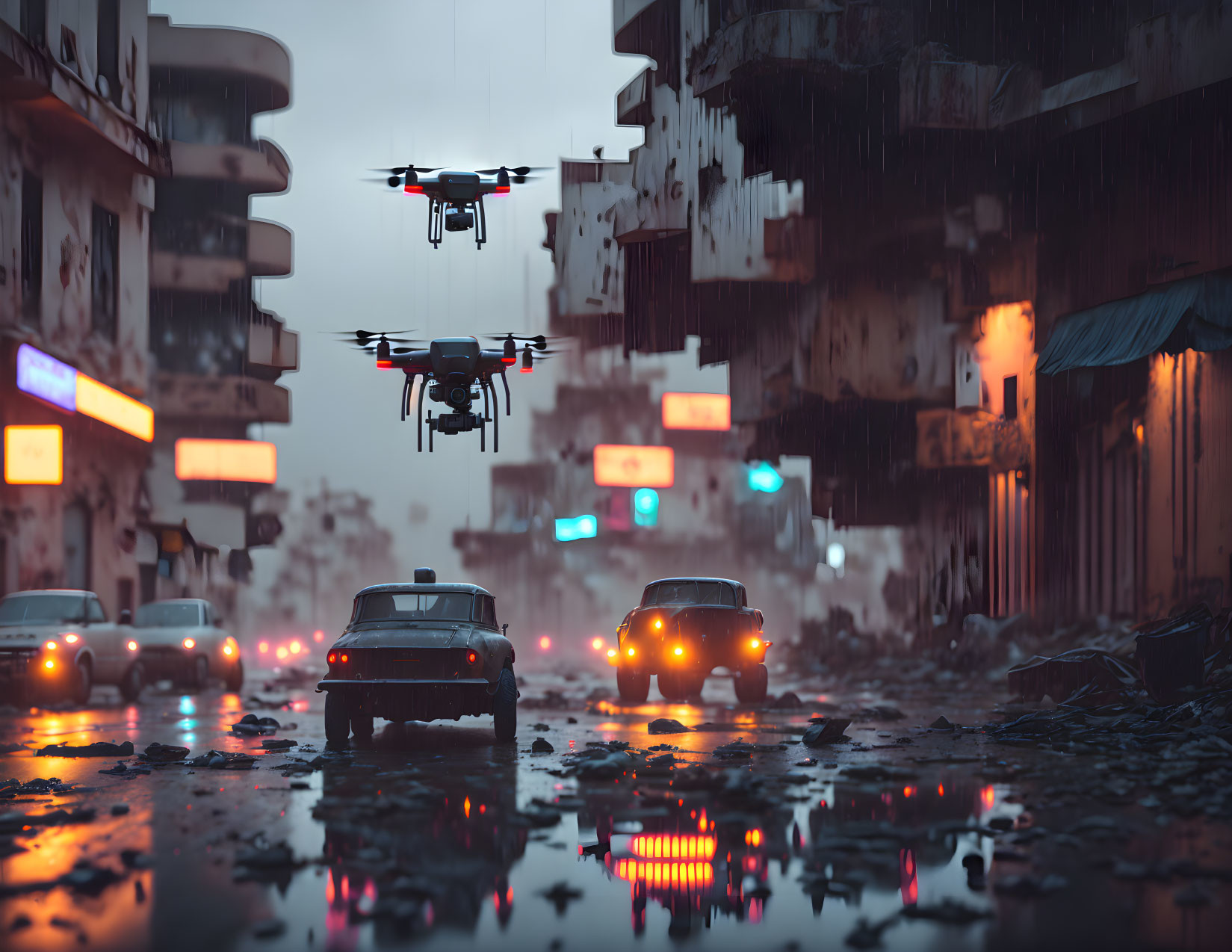 Dystopian street scene captured by hovering drone