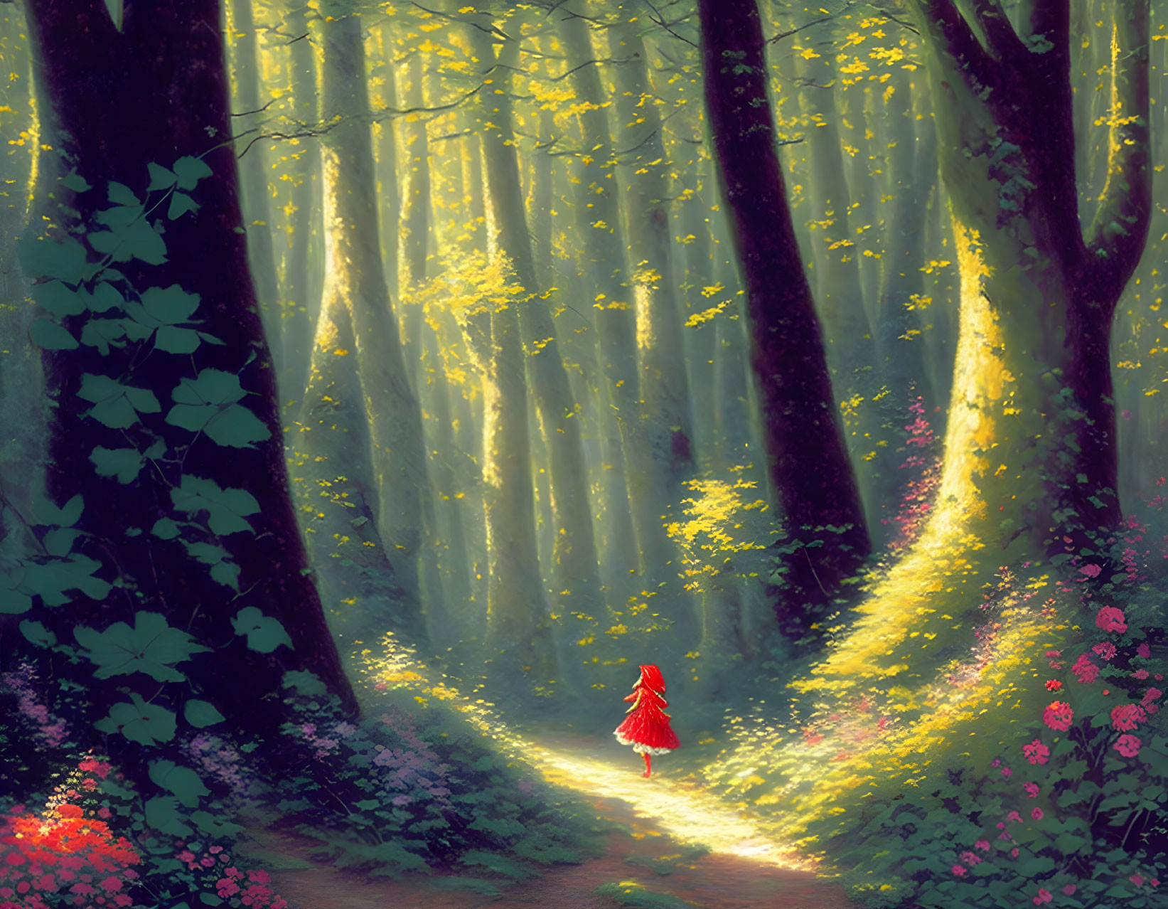 Enchanting forest scene with winding path and figure in red cloak