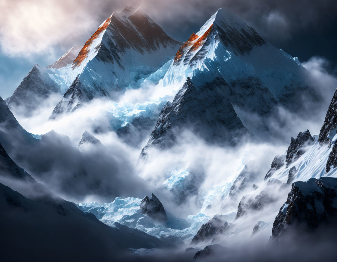 Snow-covered mountains under dramatic sky with sunlit peaks and swirling mist.