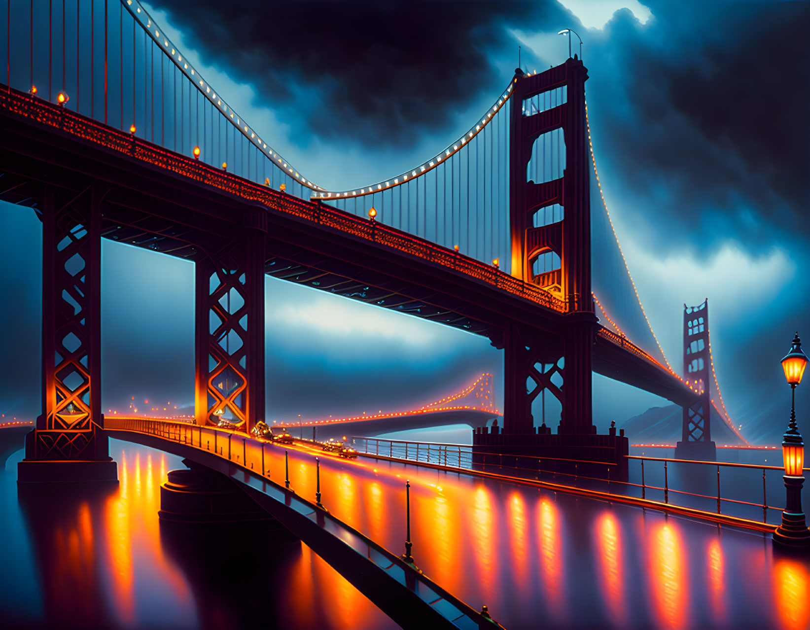 Twilight scene of illuminated bridge with blue and orange hues reflecting on water