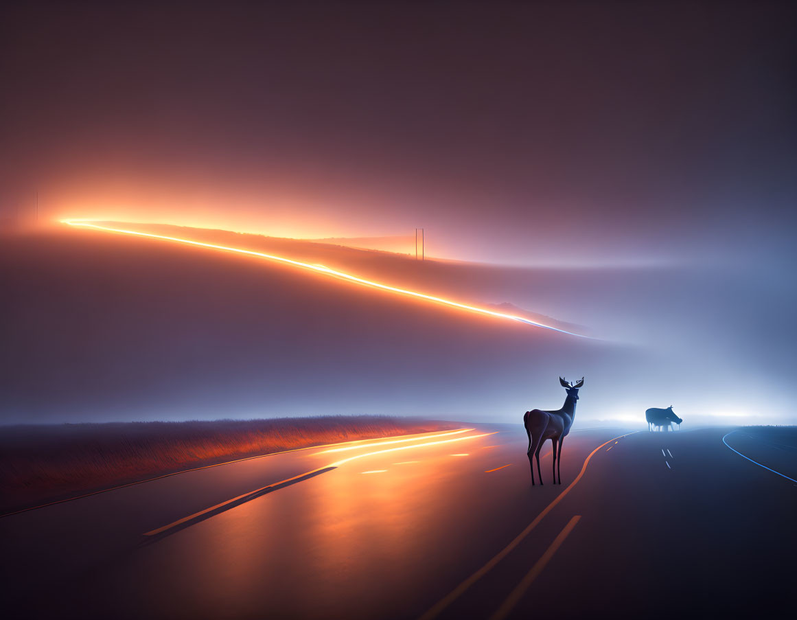 Nighttime scene: Two deer on foggy road with red light trails over hill