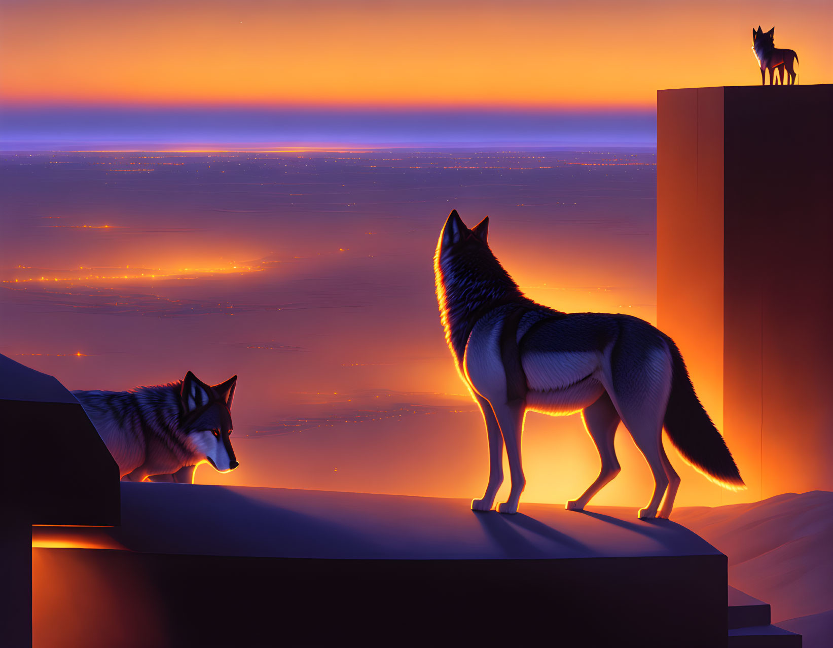 Two wolves on geometric platforms overlooking twilight landscape.