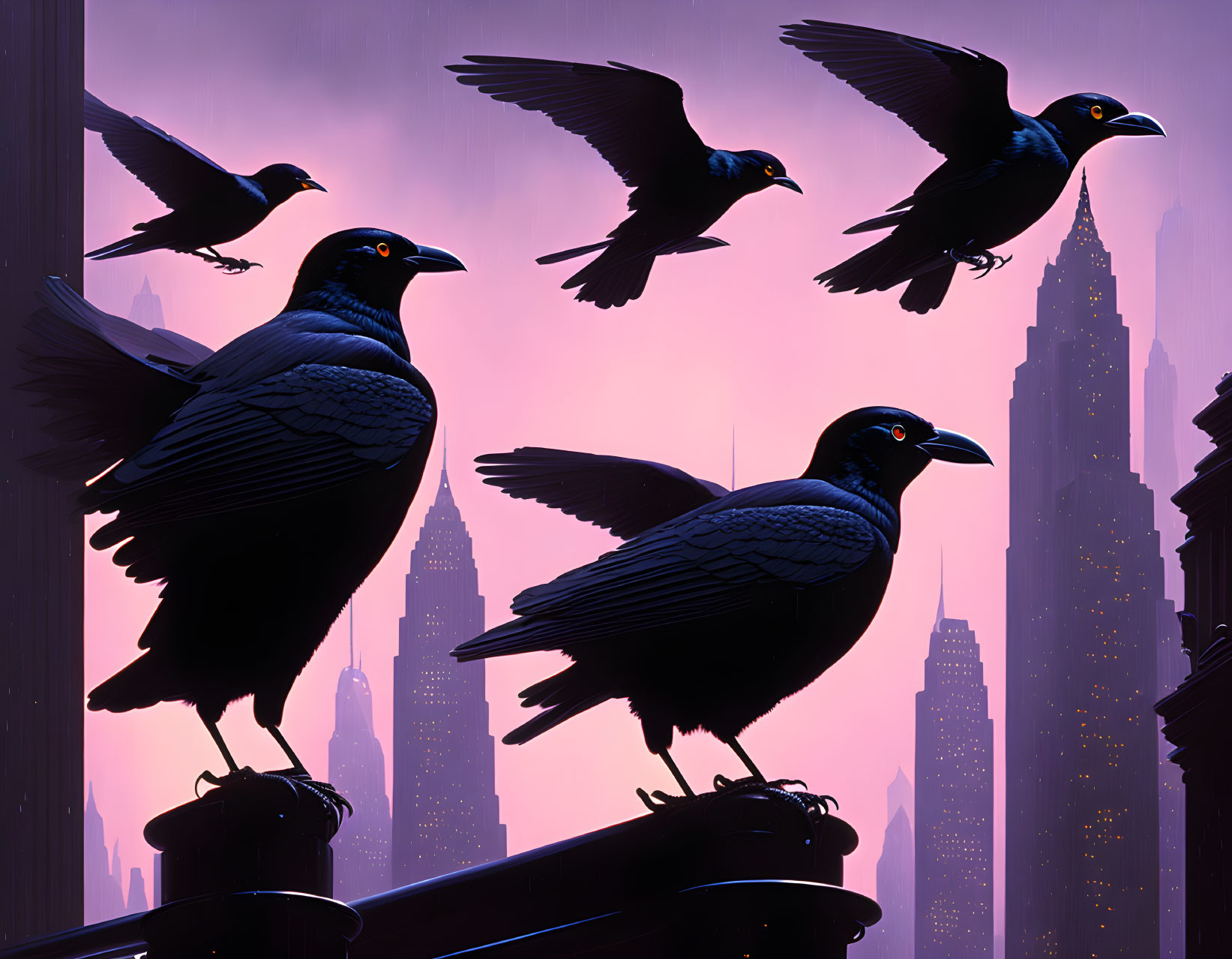 Black crows in flight over purple sky with gothic skyscrapers.