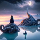 Person by serene lake at dusk with giant octopus tentacles under starry sky.