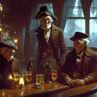 Men in tricorn hats at dimly lit bar with empty glasses