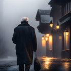 Elderly man walking on rain-soaked street with glowing lamps