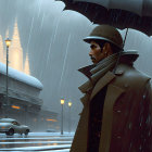 Person in trench coat and hat with umbrella on rainy city street with vintage lamps and classic car