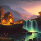 Mystical landscape with luminous waterfalls and tranquil blue pool