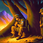 Vintage military uniforms: Three soldiers by tree in fiery battlefield scene