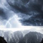 Solitary figure on mountain peak gazes at lightning bolts in dramatic sky