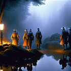 WWI-era soldiers at night by trench with lamp reflection