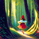 Enchanting forest scene with winding path and figure in red cloak