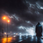 Solitary figure walking on wet street under orange streetlights at night