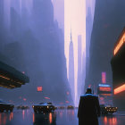 Futuristic neon-lit cityscape with skyscrapers and floating vehicles