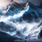 Snow-covered mountains under dramatic sky with sunlit peaks and swirling mist.