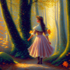 Child in light dress walks forest path among towering trees with autumn leaves and sunlight.