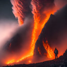 Dramatic volcanic eruption at night with orange lava flows