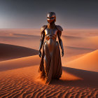 Mysterious figure in cloak among sand dunes under dramatic sky