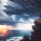 Figure on rocky outcrop under stormy sky with lightning bolts and ancient tower