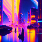Futuristic night cityscape with neon lights and alien planet