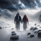 Hikers with backpacks in snowy mountain landscape