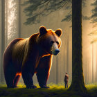 Bears with human bodies in misty forest: one in suit, other larger bear upright.