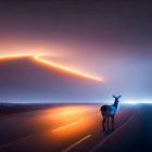 Nighttime scene: Two deer on foggy road with red light trails over hill