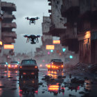 Dystopian street scene captured by hovering drone