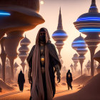 Cloaked figure in futuristic desert city at dusk with towering buildings.